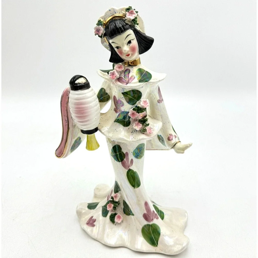 Vintage 1955 Signed Geo Z. Lefton Porcelain East Asian Dancer Lantern Pink Green